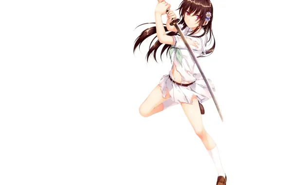 Picture katana, white background, schoolgirl, knee, art, stand, Alpha, Boku no Hitori Zero, Rumi Inizuko