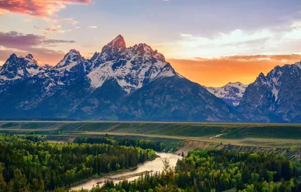 Picture summer, mountains, river, USA, Wyoming, Snake River, national Park Grand Teton, Overlook