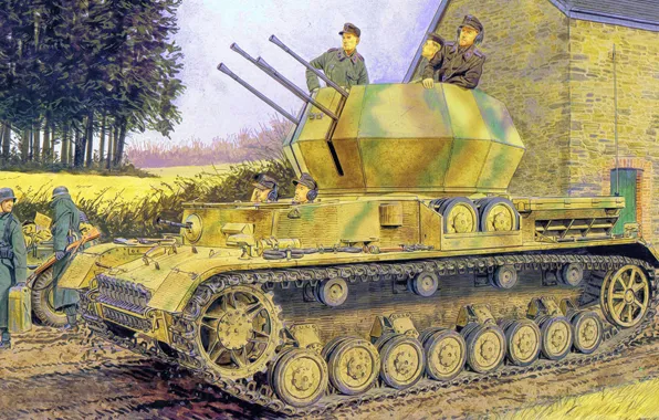 Picture weapon, war, art, painting, tank, ww2, Flakpanzer IV Ausf G Wirbelwind