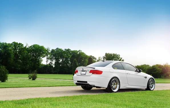 Picture white, the sky, trees, lawn, bmw, BMW, track, white, rear view, sky, trees, clouds, e92