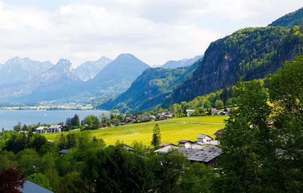 Picture trees, mountains, lake, home, Austria, Alps, Salzburg