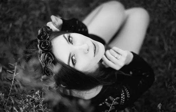 Picture look, girl, flowers, makeup, black and white, wreath