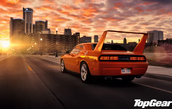 Picture road, the sky, sunset, orange, the city, tuning, lights, Top Gear, Dodge, Challenger, spoiler, muscle …
