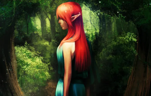 Picture girl, trees, sparks, Elf, red, grove, blue dress