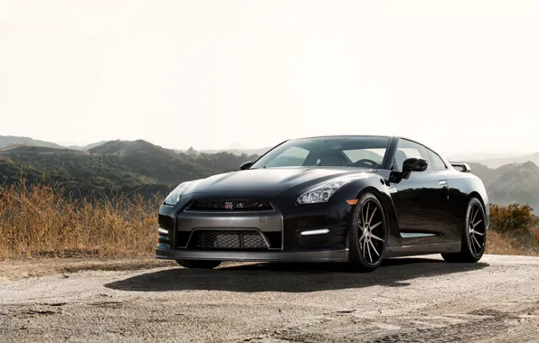 Picture the sky, grass, mountains, black, shadow, nissan, black, Nissan, gtr, mountains, gtr, r35, shadow