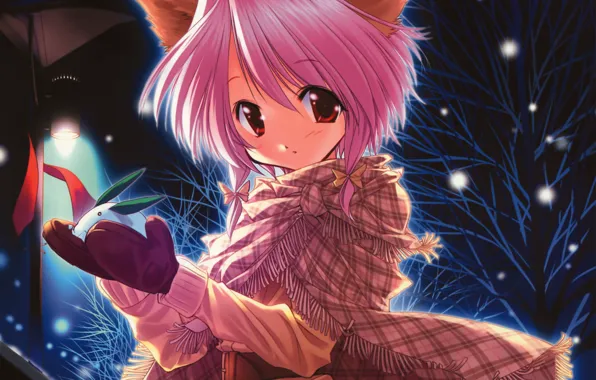 Picture winter, girl, snow, trees, snowflakes, anime, scarf, art, lantern, Bunny, ears, mittens, ueda ryou