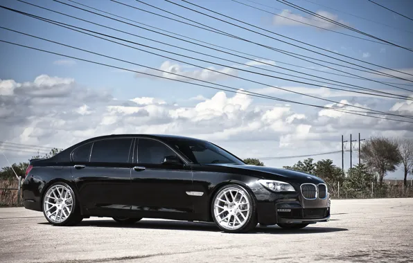 Picture the sky, clouds, BMW, BMW, black, black, 7 Series, 360 three sixty forged, high-voltage wires