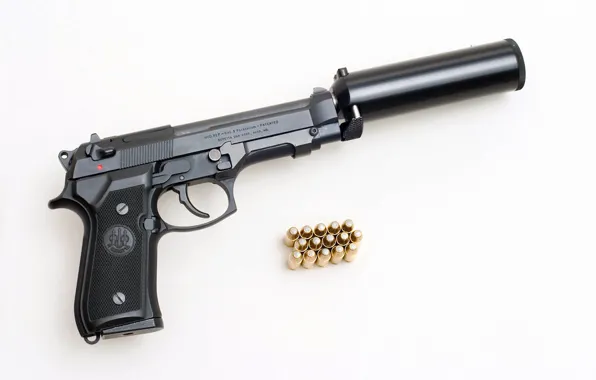 Picture Gun, cartridges, muffler, Beretta 92F