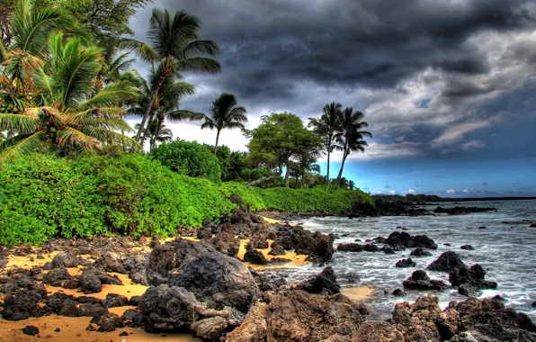 Picture sea, the sky, clouds, stones, rocks, hdr, USA, Maui, Hawaii