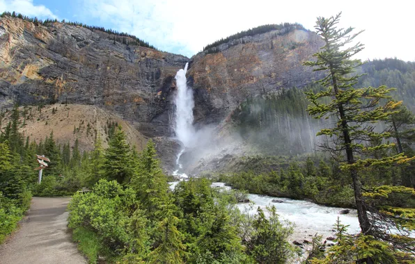 Picture the sky, trees, mountains, river, waterfall, Canada, Canada, Takkakaw Falls
