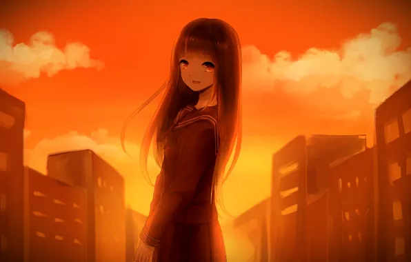 Picture the sky, girl, clouds, sunset, the city, home, anime, art, form, schoolgirl, ambient, chizuru