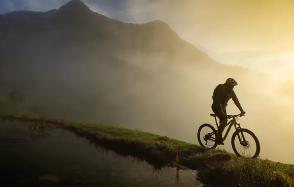 Picture mountains, fog, morning, cyclist