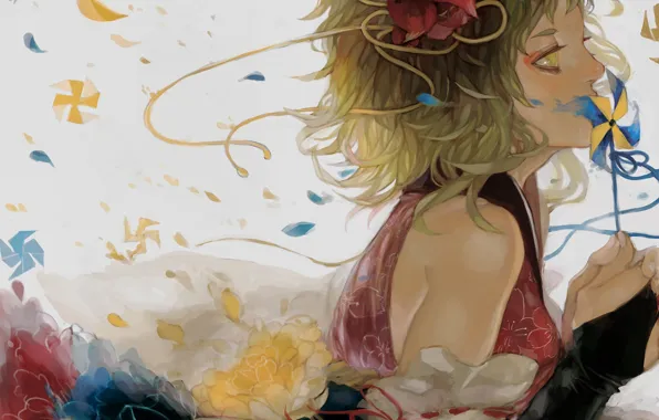 Picture girl, flowers, art, tape, profile, vocaloid, gumi, renos