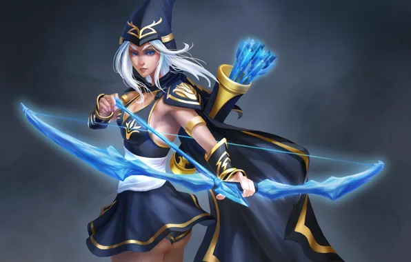 Picture girl, background, bow, Archer, art, league of legends, ashe