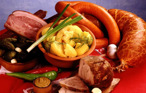 Picture bow, meat, pepper, vegetables, sausage, garlic, potatoes, mustard, pork