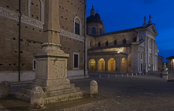 Picture night, Italy, Cathedral, obelisk, Marche, Urbino