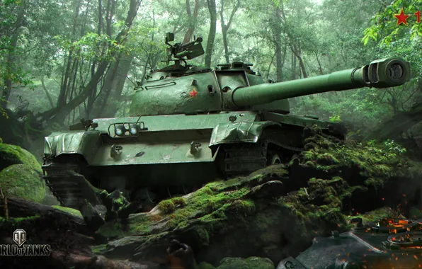 Picture greens, forest, trees, stones, moss, ambush, tank, Chinese, average, World of Tanks, 121