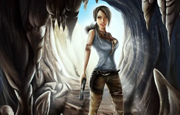 Picture girl, light, gun, art, Tomb Raider, cave, lara croft