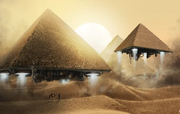 Picture sand, the sun, flight, fantasy, desert, people, art, dunes, camel, pyramid, flying, Bedouin