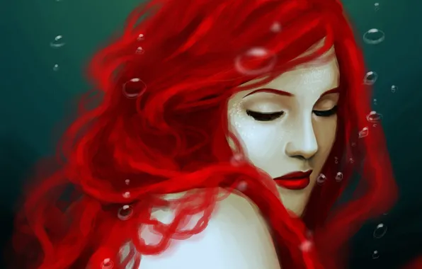 Picture water, bubbles, mermaid, art, shoulders, red hair, closed eyes