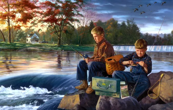 Picture river, stones, fishing, painting, friends, boys, early autumn, Charles Friday, Fishing Buddies, a flock of …