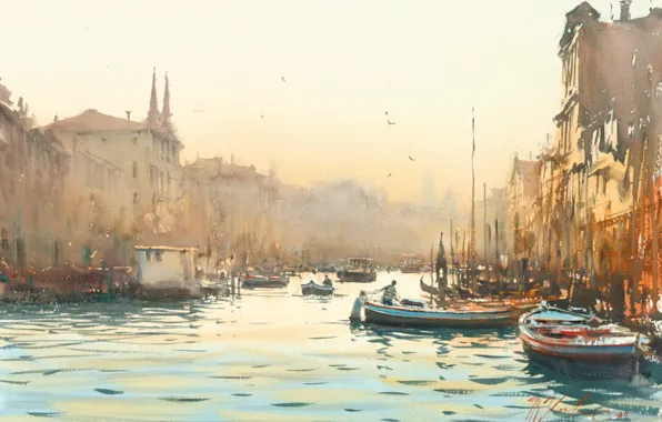 Picture dawn, boats, watercolor, Venice, channels