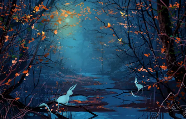 Picture forest, animals, trees, night, fantasy, the moon, art