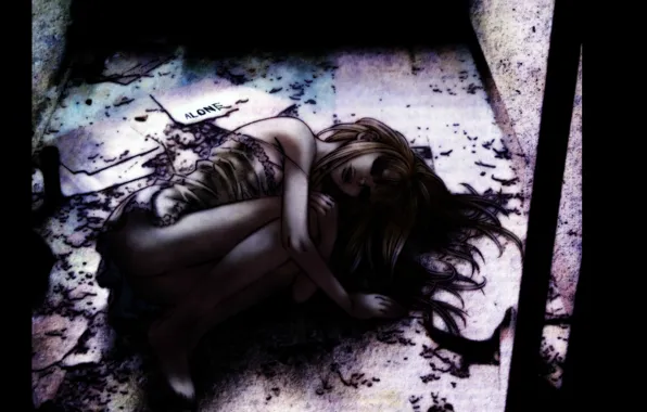 Picture darkness, loneliness, fear, despair, pain, depression, Gilgamesh, torn clothes, Kiyoko Madoka, curled up