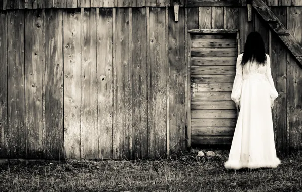 Picture dark, woman, barn, white dress, terror