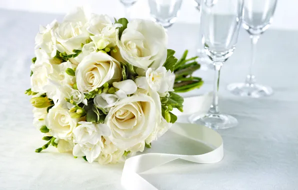 Picture flowers, table, roses, bouquet, glasses, tape, white