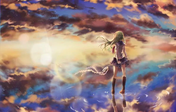 Picture the sky, water, girl, clouds, sunset, reflection, anime, art, form, schoolgirl, kane, touhou, kochi have …