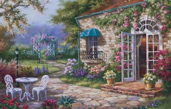 Picture flowers, house, picture, garden, yard, painting, painting, Sung Kim