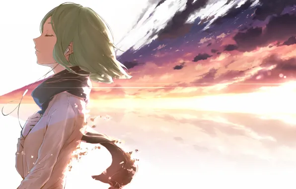 Picture the sky, girl, clouds, sunset, wire, anime, headphones, art, vocaloid, gumi, minamito