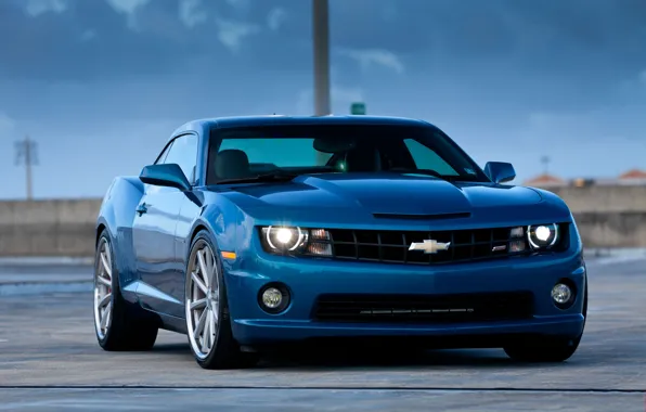 Picture blue, reflection, Chevrolet, chevrolet, blue, the front, headlights, camaro ss, tinted, Camaro SS