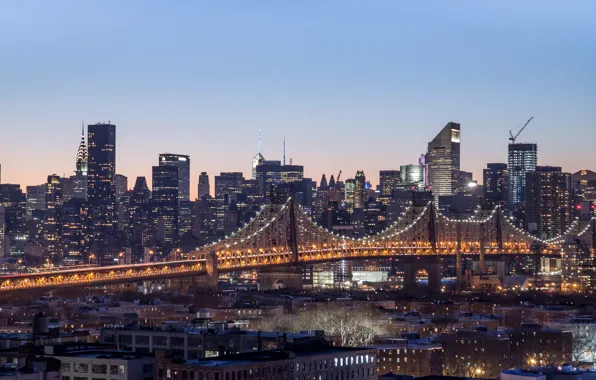 Picture bridge, lights, river, home, New York, the evening, USA, Manhattan