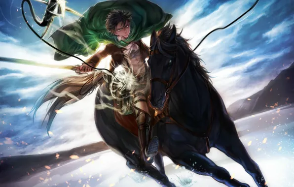 Picture the sky, attack, horse, swords, military uniform, Shingeki no Kyojin, Levi, The invasion of the …