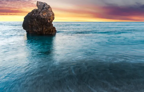 Picture rock, the ocean, dawn, island, Greece, Milos Beach, Lefkada