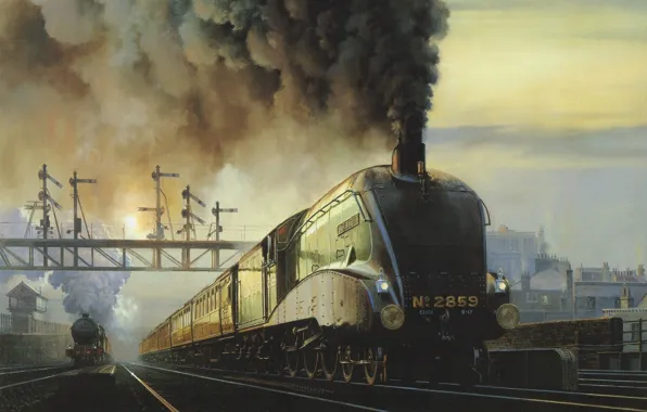 Picture the sky, smoke, rails, train, station, locomotive