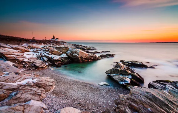 Picture sea, the sky, house, stones, shore, lighthouse, glow