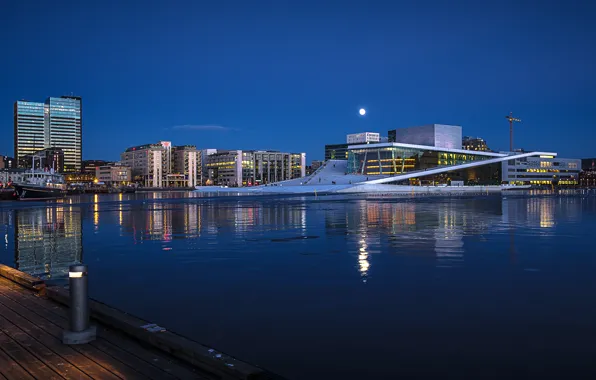 Picture night, lights, home, Norway, harbour, Oslo, Opera house