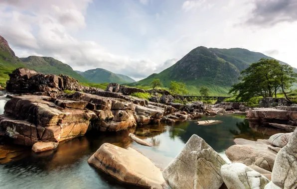 Picture landscape, mountains, river, stones