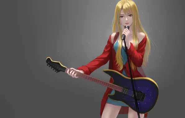 Picture girl, background, guitar, microphone, anime, art