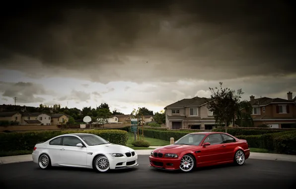 Picture white, the sky, red, clouds, bmw, BMW, home, red, white, drives, side view, shrub, e92, …