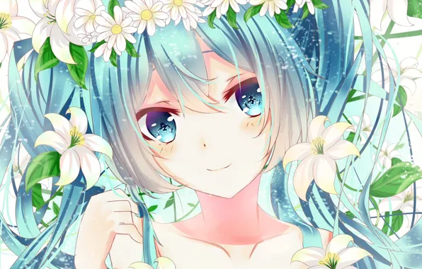 Picture girl, flowers, smile, chamomile, anime, art, vocaloid, hatsune miku, wreath