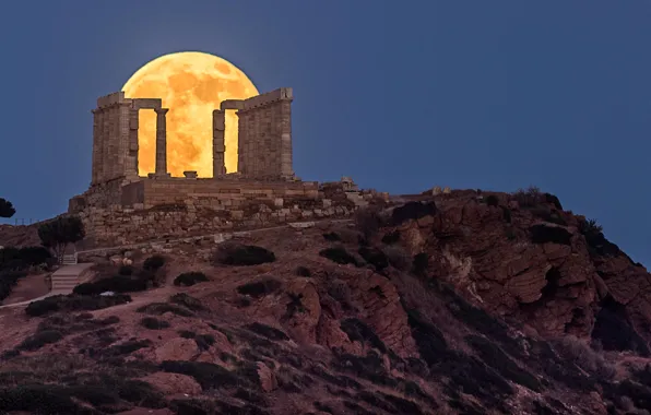 Picture night, rock, Greece, temple, ruins, neblina