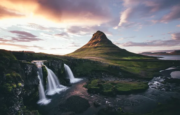 Picture the sky, waterfall, Iceland, gorw
