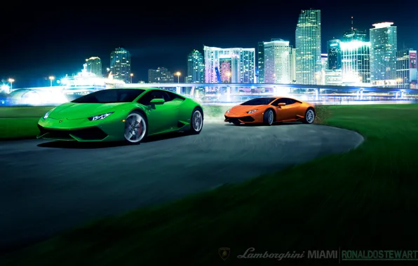 Picture bridge, city, the city, green, speed, Lamborghini, turn, front, orange, other, LP 610-4, Huracan, LB724