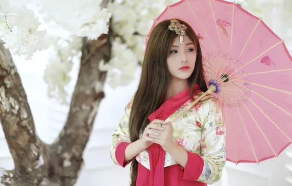 Picture girl, umbrella, Asian