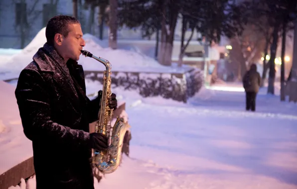 Picture snow, street, Musician, saxophone