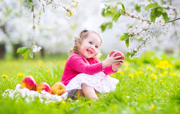 Picture joy, flowers, child, spring, grass, weed, flowers, spring, baby, flowering trees, joy, flowering trees